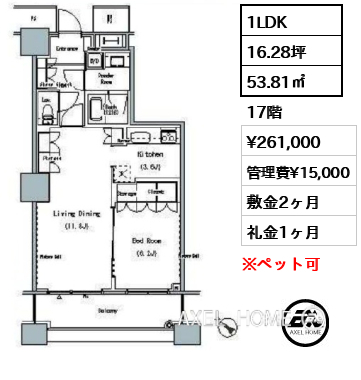1LDK 53.81㎡  賃料¥261,000 管理費¥15,000 敷金2ヶ月 礼金1ヶ月