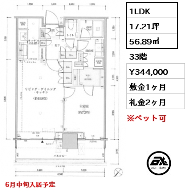 1LDK 56.89㎡ 33階 賃料¥344,000 敷金1ヶ月 礼金2ヶ月 6月中旬入居予定