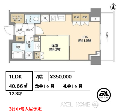 1LDK 40.66㎡  賃料¥350,000 敷金1ヶ月 礼金1ヶ月 3月中旬入居予定