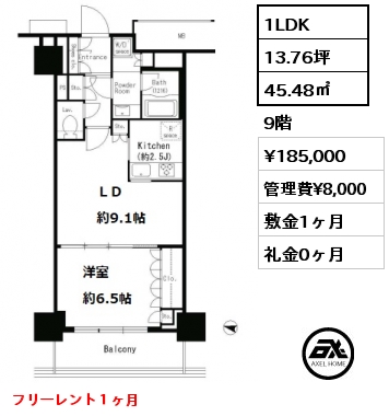 間取り13 1LDK 45.48㎡ 9階 賃料¥185,000 管理費¥8,000 敷金1ヶ月 礼金0ヶ月 フリーレント１ヶ月　　
