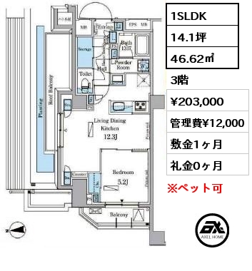 間取り13 1SLDK 46.62㎡ 3階 賃料¥203,000 管理費¥12,000 敷金1ヶ月 礼金0ヶ月 　