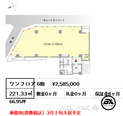 ワンフロア 221.33㎡  賃料¥2,585,000 敷金0ヶ月 礼金0ヶ月 事務所(消費税込）3月上旬入居予定
