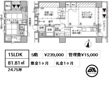 間取り13 1SLDK 81.81㎡ 5階 賃料¥239,000 管理費¥15,000 敷金1ヶ月 礼金1ヶ月
