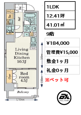1LDK 41.01㎡ 9階 賃料¥184,000 管理費¥15,000 敷金1ヶ月 礼金0ヶ月