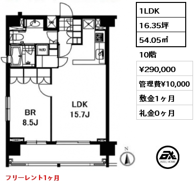 1LDK 54.05㎡ 10階 賃料¥290,000 管理費¥10,000 敷金1ヶ月 礼金0ヶ月 フリーレント1ヶ月