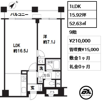 間取り13 1LDK 52.63㎡  賃料¥210,000 管理費¥15,000 敷金1ヶ月 礼金0ヶ月