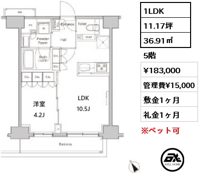 1LDK 36.91㎡ 5階 賃料¥183,000 管理費¥15,000 敷金1ヶ月 礼金1ヶ月