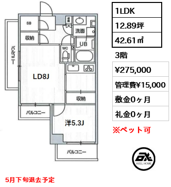 間取り13 1LDK 42.61㎡  賃料¥275,000 管理費¥15,000 敷金0ヶ月 礼金0ヶ月 5月下旬退去予定