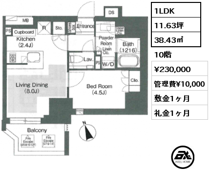 1LDK 38.43㎡ 10階 賃料¥230,000 管理費¥10,000 敷金1ヶ月 礼金1ヶ月 10月下旬入居予定
