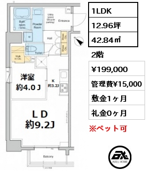 間取り13 1LDK 42.84㎡ 2階 賃料¥207,000 管理費¥15,000 敷金1ヶ月 礼金0ヶ月