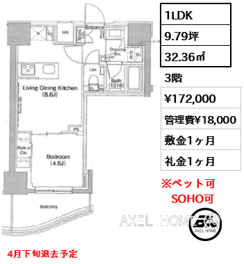 1LDK 32.36㎡  賃料¥172,000 管理費¥18,000 敷金1ヶ月 礼金1ヶ月 4月下旬退去予定