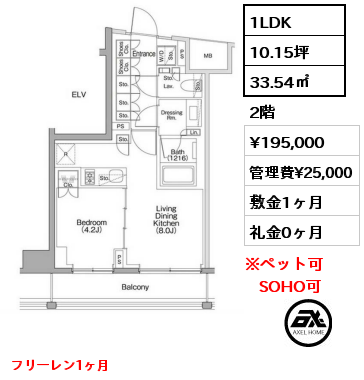 間取り13 1LDK 33.54㎡ 2階 賃料¥208,000 管理費¥25,000 敷金1ヶ月 礼金0ヶ月