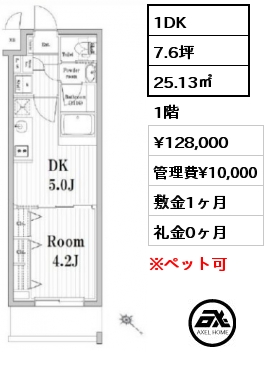 1DK 25.13㎡ 1階 賃料¥128,000 管理費¥10,000 敷金1ヶ月 礼金0ヶ月
