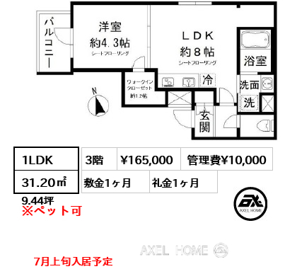 1LDK 31.20㎡  賃料¥165,000 管理費¥10,000 敷金1ヶ月 礼金1ヶ月 7月上旬入居予定