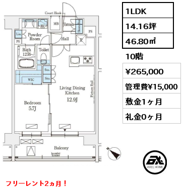 1LDK 46.80㎡ 10階 賃料¥265,000 管理費¥15,000 敷金1ヶ月 礼金0ヶ月 フリーレント2ヵ月！