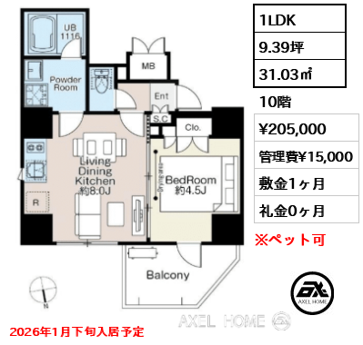 1LDK 31.03㎡  賃料¥205,000 管理費¥15,000 敷金1ヶ月 礼金0ヶ月 2026年1月下旬入居予定