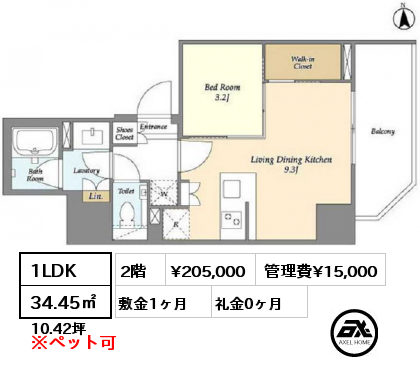 1LDK 34.45㎡ 2階 賃料¥205,000 管理費¥15,000 敷金1ヶ月 礼金0ヶ月