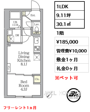1LDK 30.1㎡  賃料¥185,000 管理費¥10,000 敷金1ヶ月 礼金0ヶ月 フリーレント1ヵ月