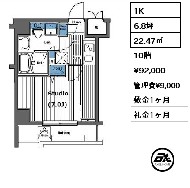 間取り13 1K 22.47㎡ 15階 賃料¥94,000 管理費¥9,000 敷金1ヶ月 礼金2ヶ月