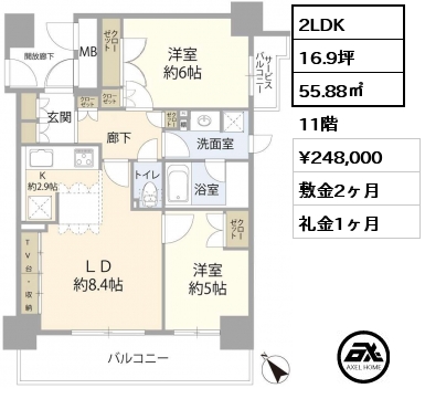 2LDK 55.88㎡ 11階 賃料¥248,000 敷金2ヶ月 礼金1ヶ月