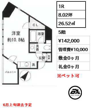間取り13 1R 26.52㎡  賃料¥142,000 管理費¥10,000 敷金0ヶ月 礼金0ヶ月 6月上旬退去予定
