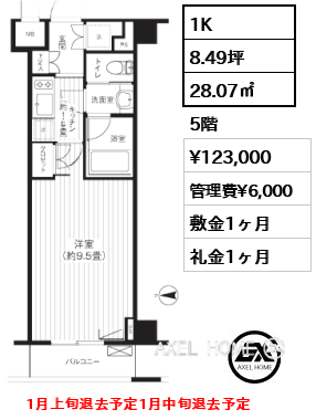 間取り13 1K 28.07㎡  賃料¥123,000 管理費¥6,000 敷金1ヶ月 礼金1ヶ月 　1月上旬退去予定1月中旬退去予定