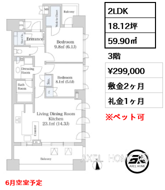 2LDK 59.90㎡  賃料¥299,000 敷金2ヶ月 礼金1ヶ月 6月空室予定
