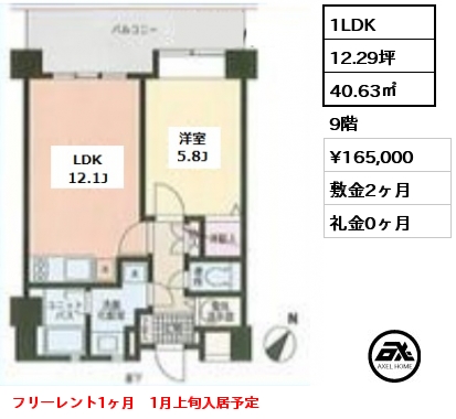 間取り13 1LDK 40.63㎡ 9階 賃料¥165,000 敷金2ヶ月 礼金0ヶ月 フリーレント1ヶ月　1月上旬入居予定