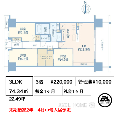 3LDK 74.34㎡  賃料¥220,000 管理費¥10,000 敷金1ヶ月 礼金1ヶ月 定期借家2年　4月中旬入居予定