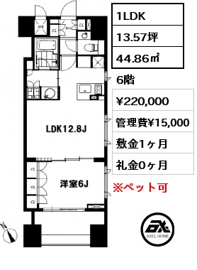 間取り13 1LDK 44.86㎡ 6階 賃料¥225,000 管理費¥15,000 敷金1ヶ月 礼金1ヶ月