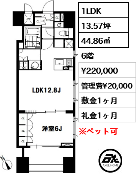 間取り13 1LDK 44.86㎡  賃料¥220,000 管理費¥20,000 敷金1ヶ月 礼金1ヶ月
