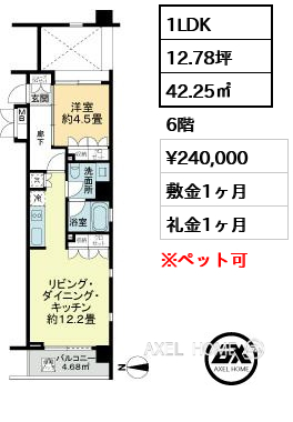 1LDK 42.25㎡  賃料¥240,000 敷金1ヶ月 礼金1ヶ月