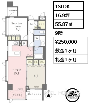 1SLDK 55.87㎡  賃料¥250,000 敷金1ヶ月 礼金1ヶ月