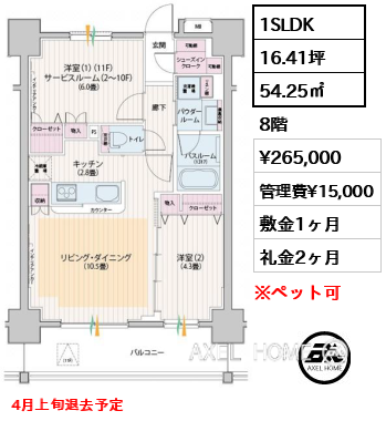 1SLDK 54.25㎡  賃料¥265,000 管理費¥15,000 敷金1ヶ月 礼金2ヶ月 4月上旬退去予定