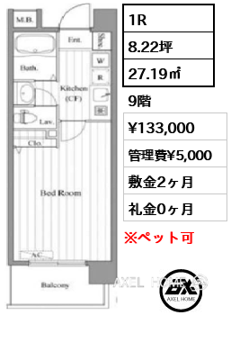 1R 27.19㎡  賃料¥133,000 管理費¥5,000 敷金2ヶ月 礼金0ヶ月