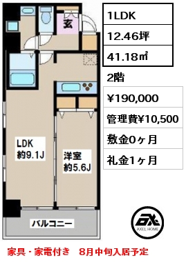 間取り13 1LDK 41.18㎡ 2階 賃料¥190,000 管理費¥10,500 敷金0ヶ月 礼金1ヶ月 家具・家電付き　　　　