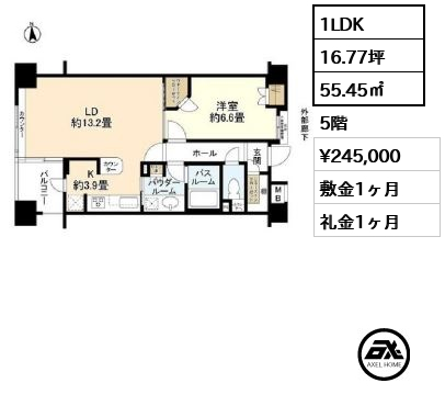 間取り13 1LDK 55.45㎡  賃料¥245,000 敷金1ヶ月 礼金1ヶ月
