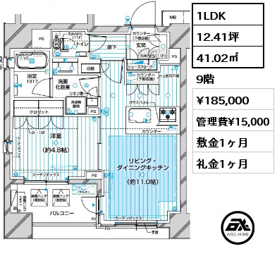 1LDK 41.02㎡ 9階 賃料¥185,000 管理費¥15,000 敷金1ヶ月 礼金1ヶ月