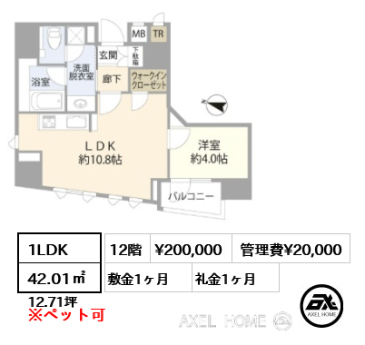 1LDK 42.01㎡  賃料¥200,000 管理費¥20,000 敷金1ヶ月 礼金1ヶ月 　