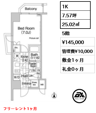 間取り13 1K 25.02㎡  賃料¥145,000 管理費¥10,000 敷金1ヶ月 礼金0ヶ月 フリーレント1ヶ月　11/26内見開始