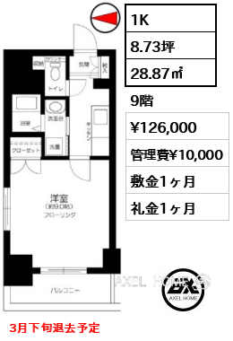 1K 28.87㎡  賃料¥126,000 管理費¥10,000 敷金1ヶ月 礼金1ヶ月 3月下旬退去予定