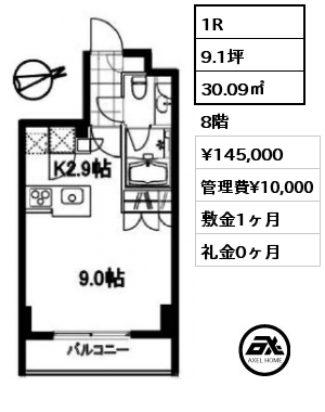 1R 30.09㎡ 8階 賃料¥145,000 管理費¥10,000 敷金1ヶ月 礼金0ヶ月