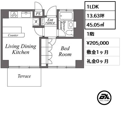 間取り13 1LDK 45.05㎡  賃料¥205,000 敷金1ヶ月 礼金0ヶ月
