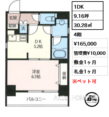 1DK 30.28㎡  賃料¥165,000 管理費¥10,000 敷金1ヶ月 礼金1ヶ月