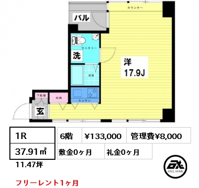 間取り13 1R 37.91㎡ 6階 賃料¥133,000 管理費¥8,000 敷金0ヶ月 礼金0ヶ月 フリーレント1ヶ月