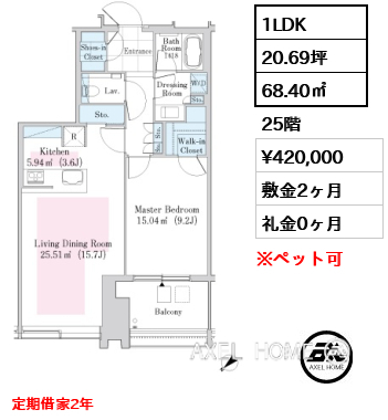 1LDK 68.40㎡  賃料¥420,000 敷金2ヶ月 礼金0ヶ月 定期借家2年