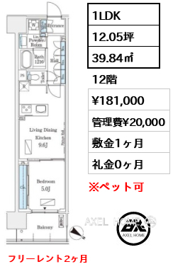 1LDK 39.84㎡  賃料¥181,000 管理費¥20,000 敷金1ヶ月 礼金0ヶ月 フリーレント2ヶ月