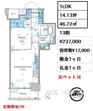 1LDK 46.72㎡  賃料¥237,000 管理費¥12,000 敷金1ヶ月 礼金1ヶ月 定期借家2年