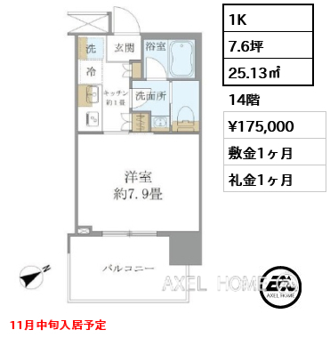 1K 25.13㎡  賃料¥175,000 敷金1ヶ月 礼金1ヶ月 11月中旬入居予定
