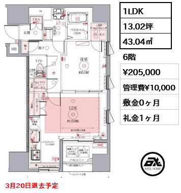 間取り14 1LDK 43.04㎡  賃料¥205,000 管理費¥10,000 敷金0ヶ月 礼金1ヶ月 3月20日退去予定
